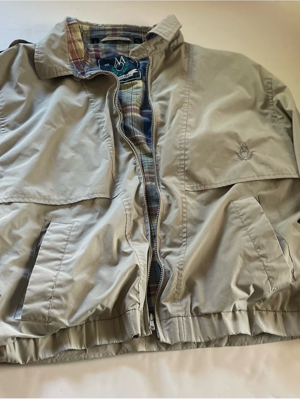 Members Only Plaid Lined Windbreaker Jacket in Light Gray and Pastel Plaid